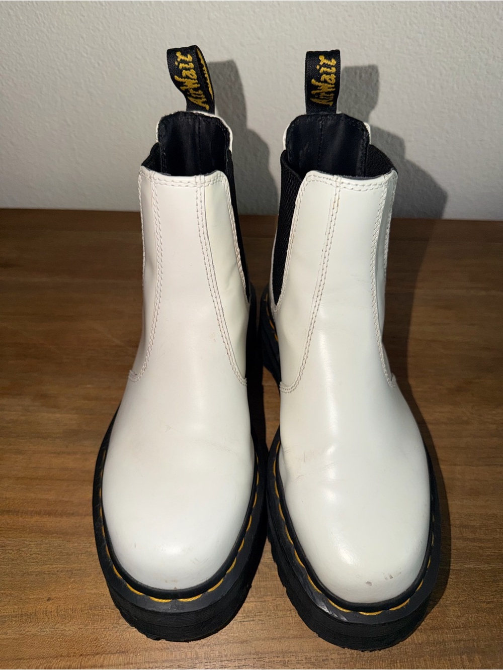 Dr. Martens White Leather Chelsea Booties with Black Sole